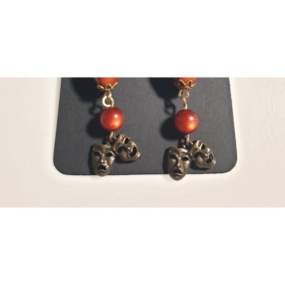Handmade By Donovan Theater Comedy Tragedy Mask Dangle Earrings Beaded Art Deco - Picture 2 of 5